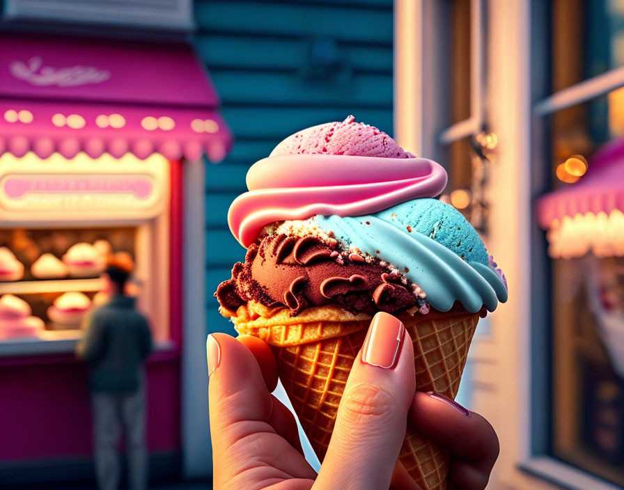 Colorful triple-scoop ice cream cone held against twilight ice cream shop backdrop