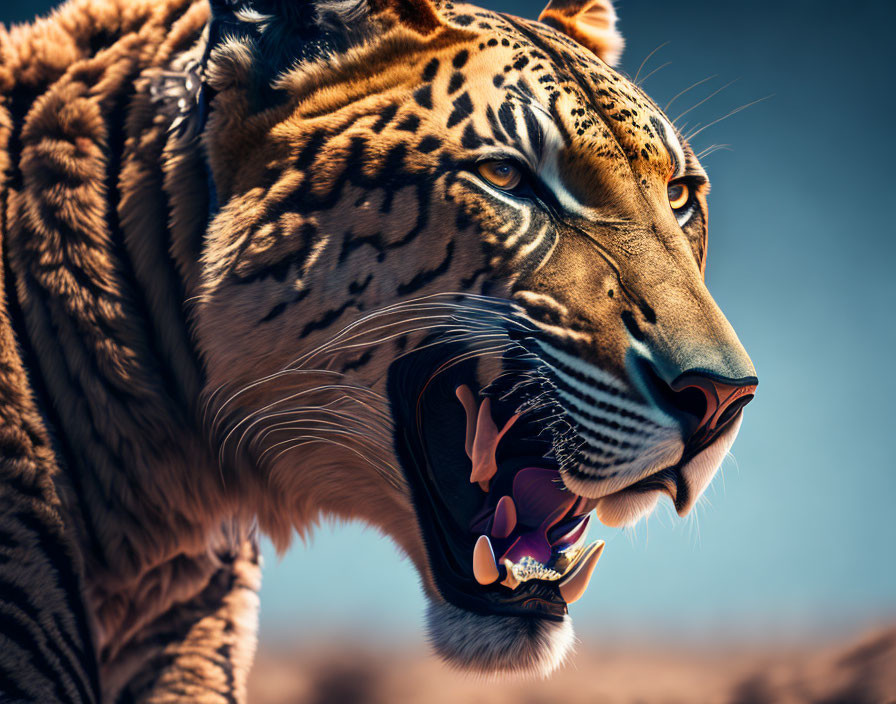 Detailed Tiger Face Close-Up with Open Mouth and Sharp Teeth