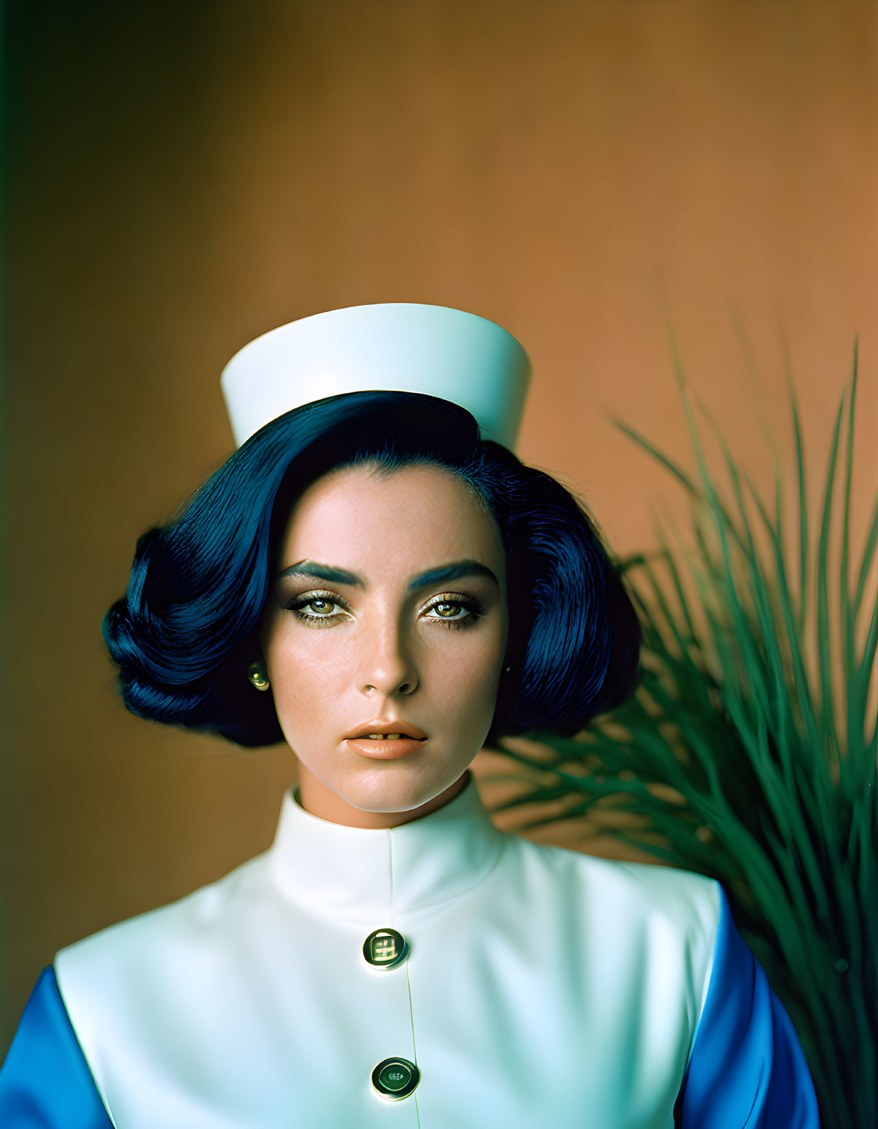 Blue-haired woman in vintage nurse attire on orange background