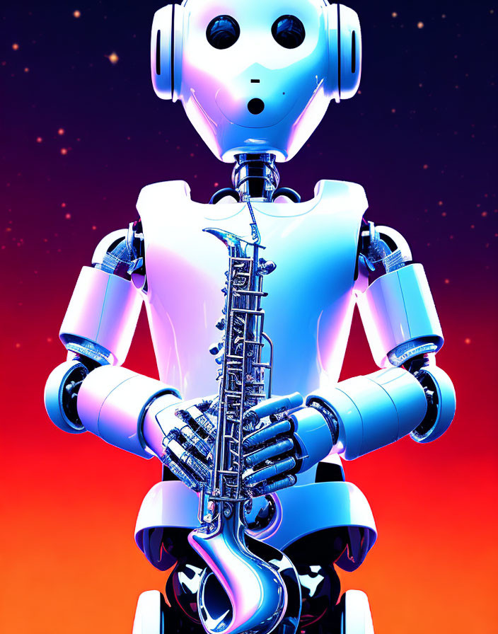 Futuristic robot playing saxophone in vibrant background