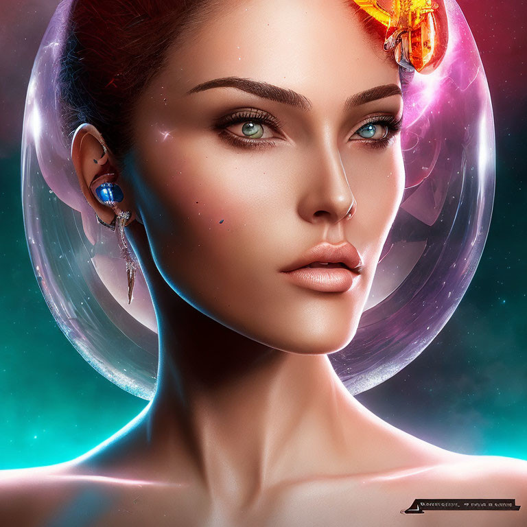 Futuristic digital artwork of woman with ear jewelry in bubble helmet