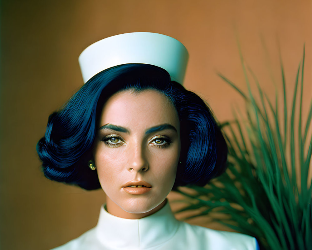 Blue-haired woman in vintage nurse attire on orange background