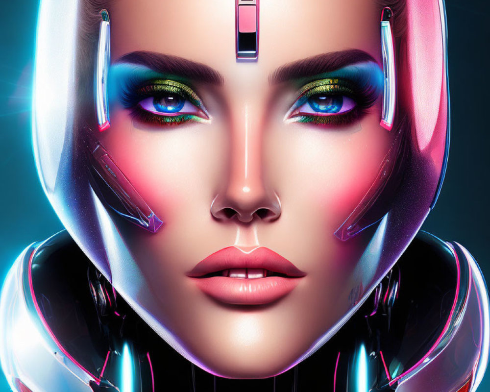 Detailed Futuristic Female Portrait with White and Pink Robotic Helmet