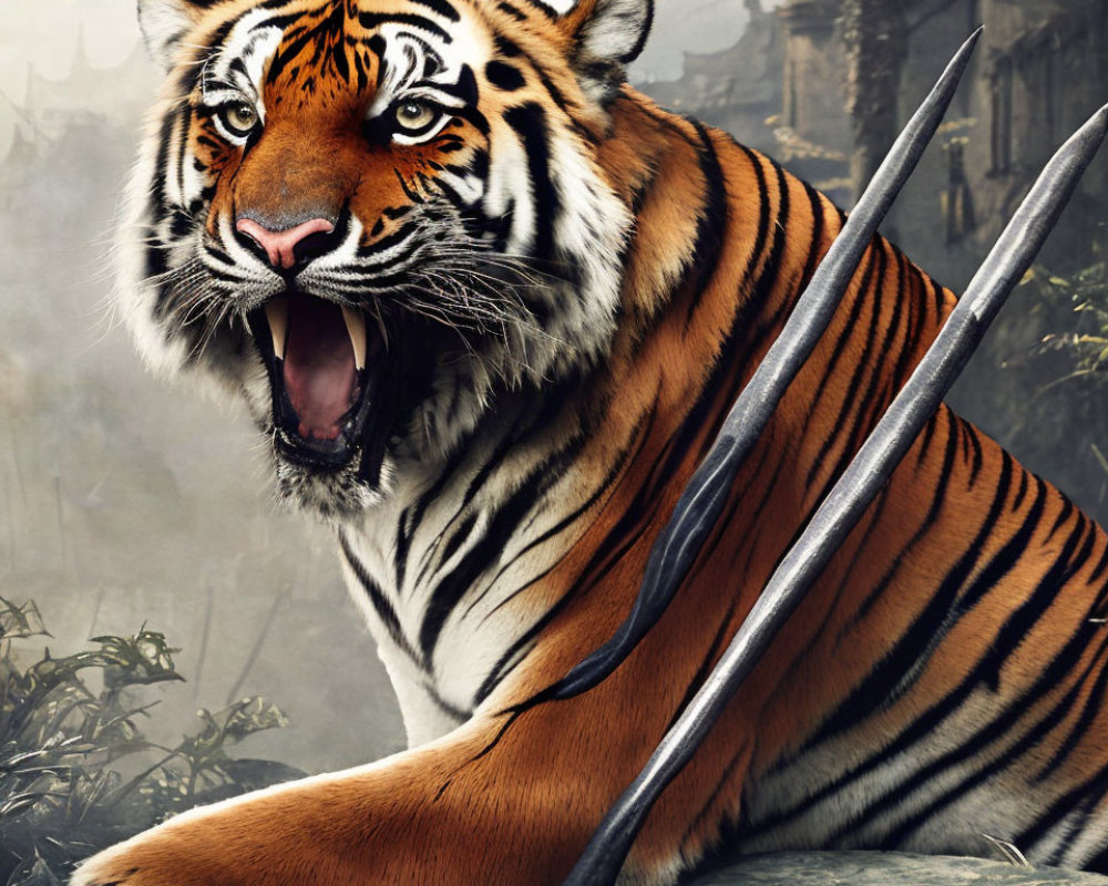 Fierce tiger with sharp fangs behind metal blade in misty townscape