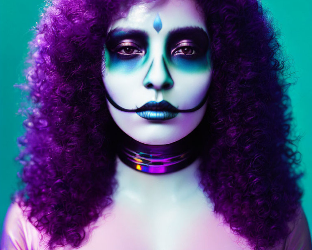 Purple Curly Hair and Artistic Blue Makeup on Ombré Top Against Teal Background