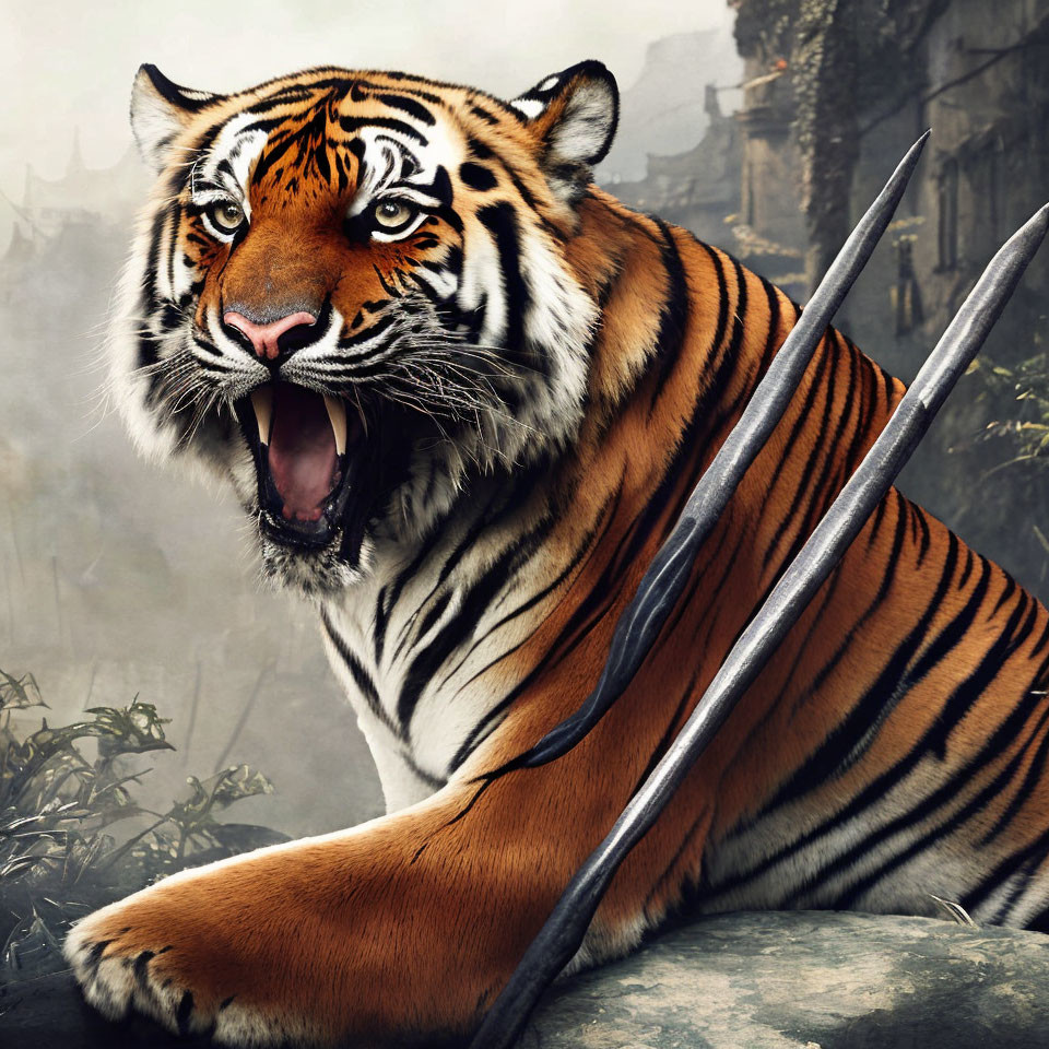 Fierce tiger with sharp fangs behind metal blade in misty townscape