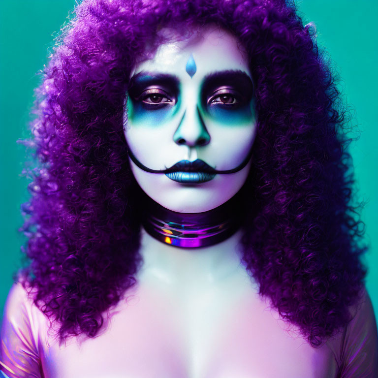 Purple Curly Hair and Artistic Blue Makeup on Ombré Top Against Teal Background