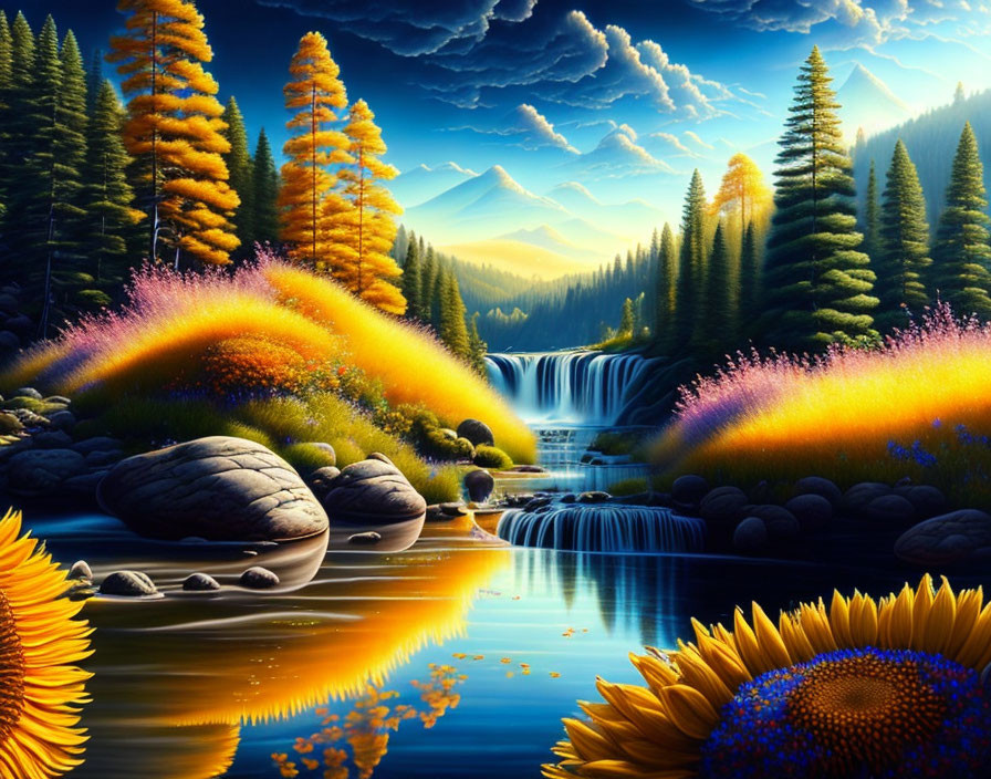 Scenic landscape with waterfall, river, flowers, trees, and mountains at twilight