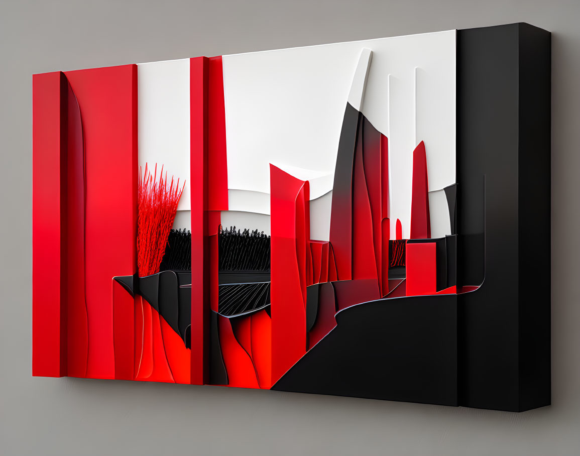 Abstract Red, Black, and White 3D Wall Art with Geometric Shapes and Decorative Grass