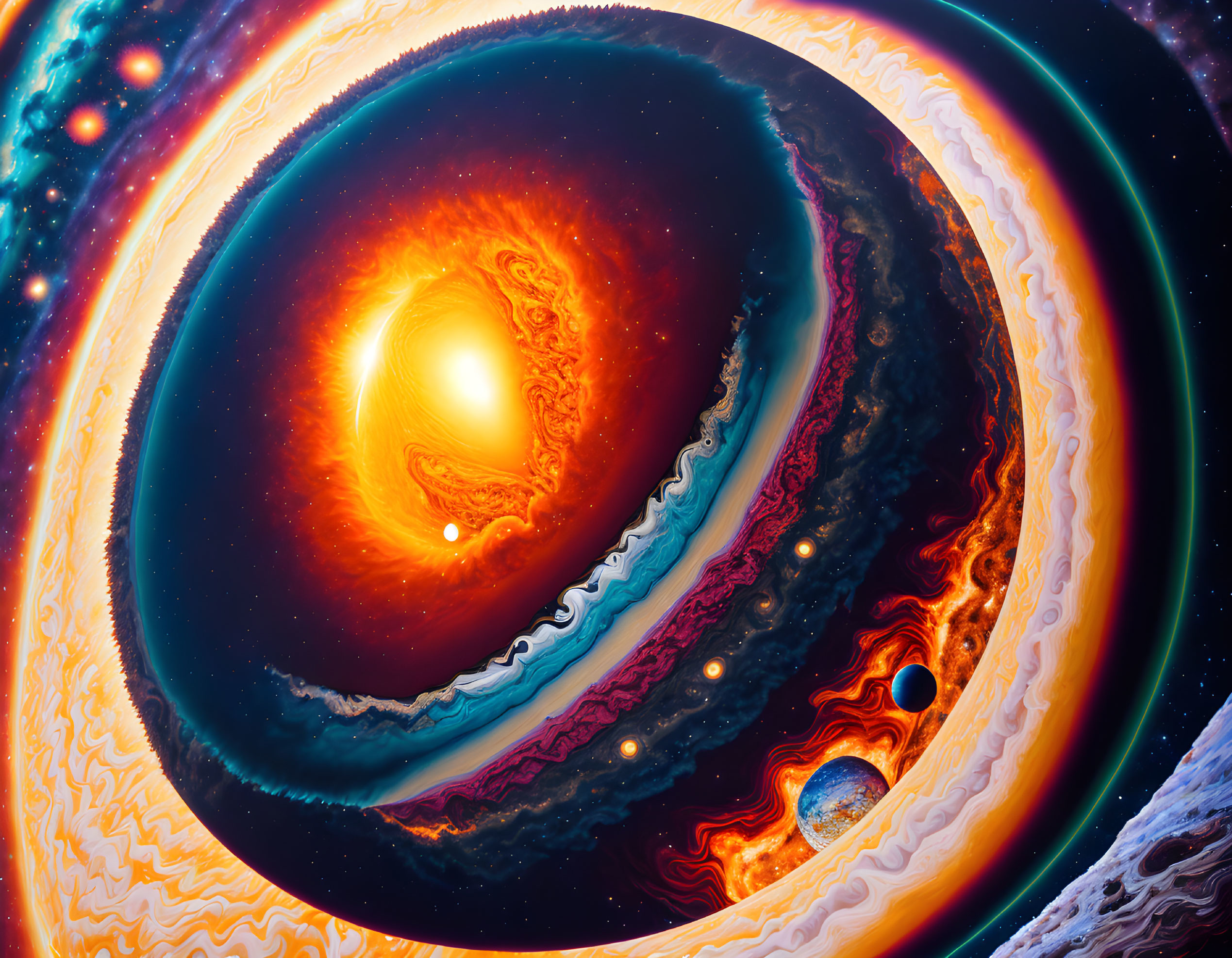 Vibrant surreal cosmic artwork with orange, teal, and white swirling patterns