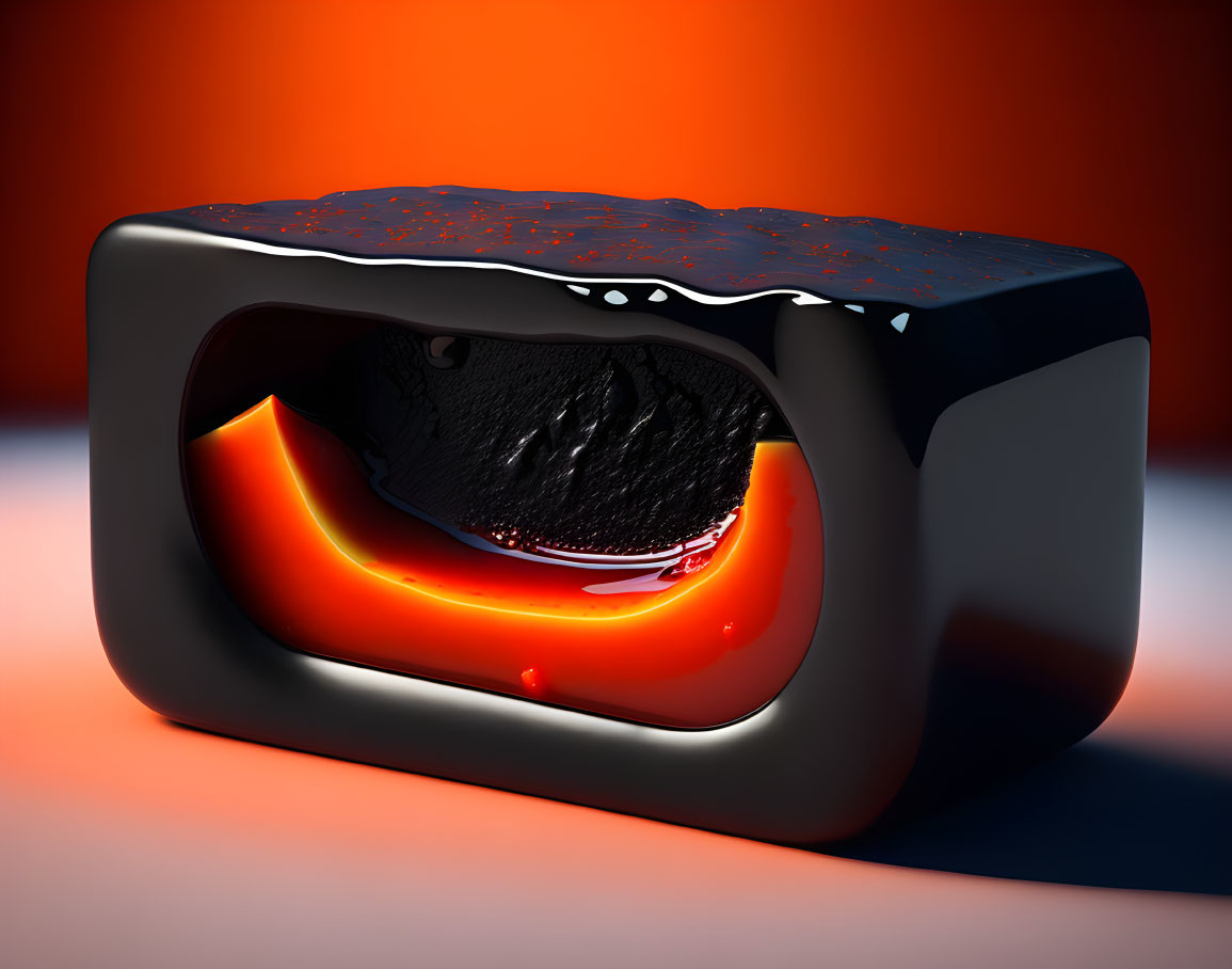 Shiny Black Rectangular Object with Molten Lava Core on Red Surface