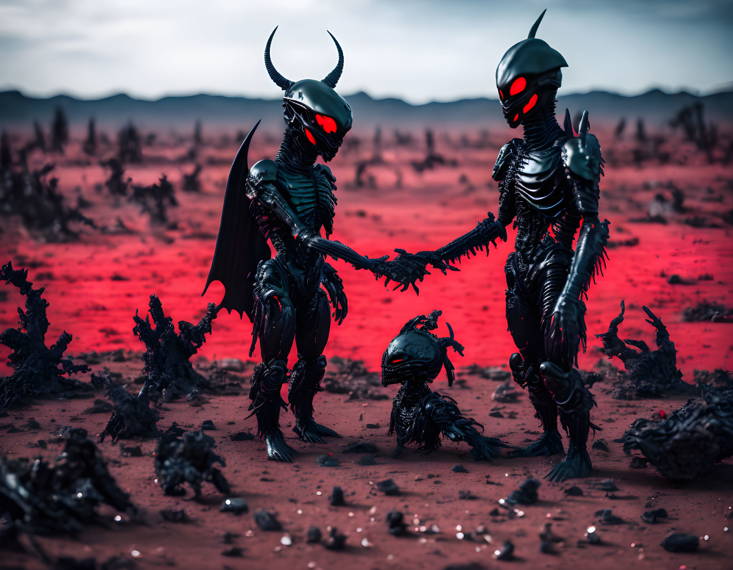 Two horned humanoid alien figures in black exoskeletons shaking hands on a red rocky landscape.