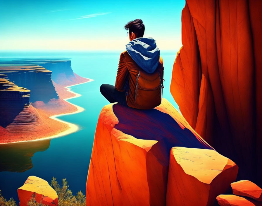 Person sitting on cliff edge admiring serene canyon with blue waters and red rock formations