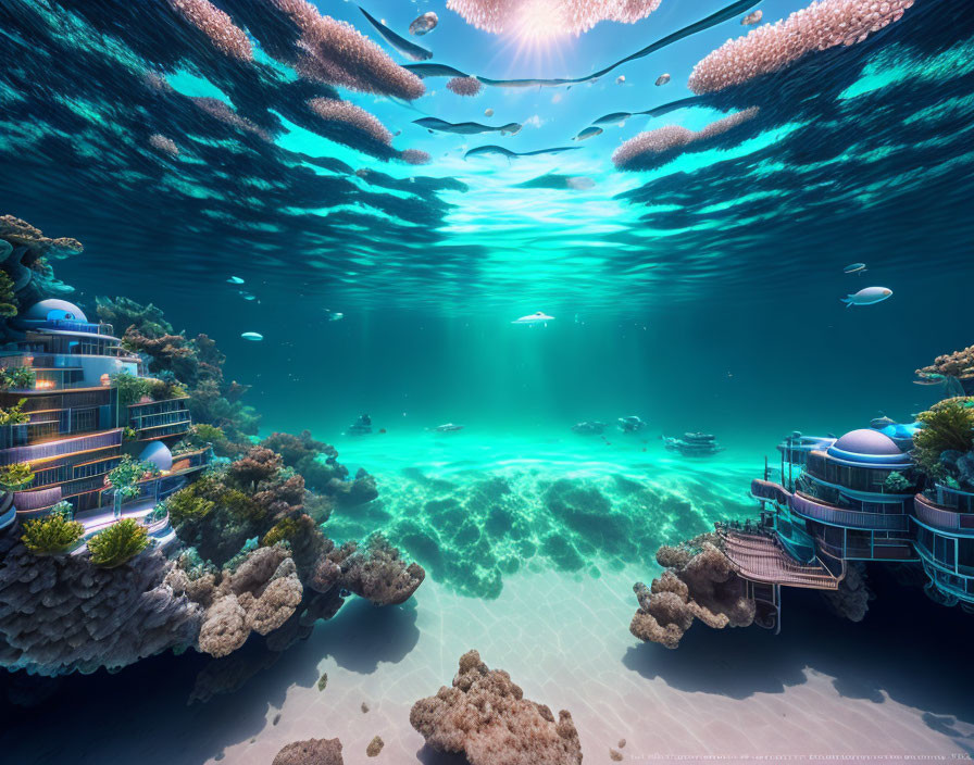 Futuristic underwater scene with buildings, coral reefs, fish, and submarines