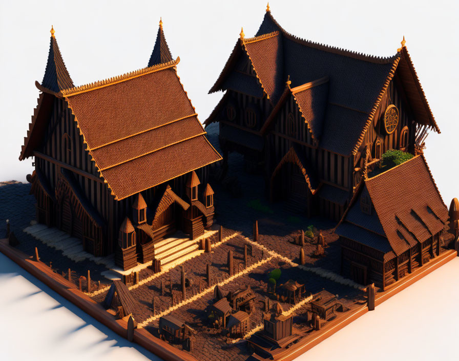 Detailed 3D model of medieval stave church with woodwork, graveyard, on white background