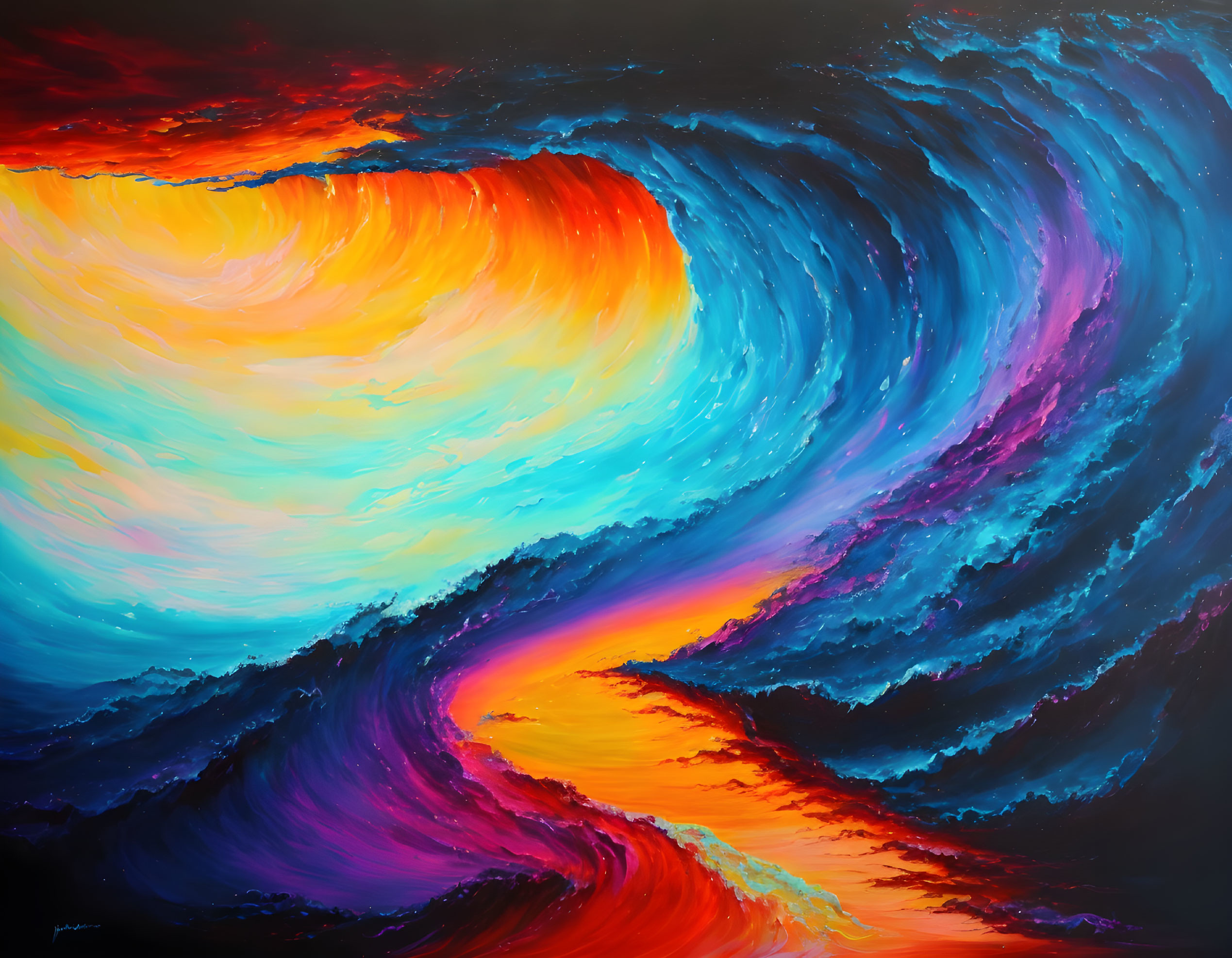 Abstract painting with fiery oranges, reds, blues, and purples blending into wave-like scene