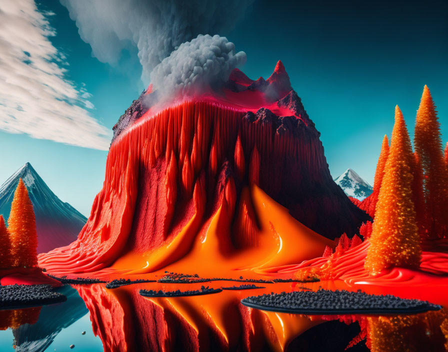 Surreal landscape with lava volcano, orange skies, and yellow trees