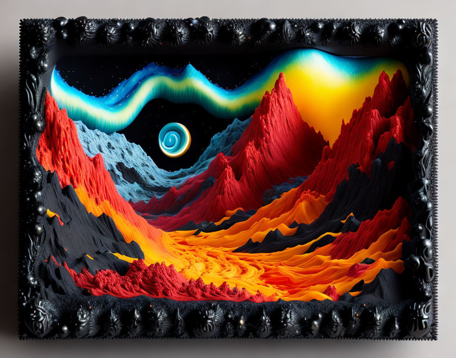 Colorful surreal landscape with lava flows, mountain ranges, and whimsical sky