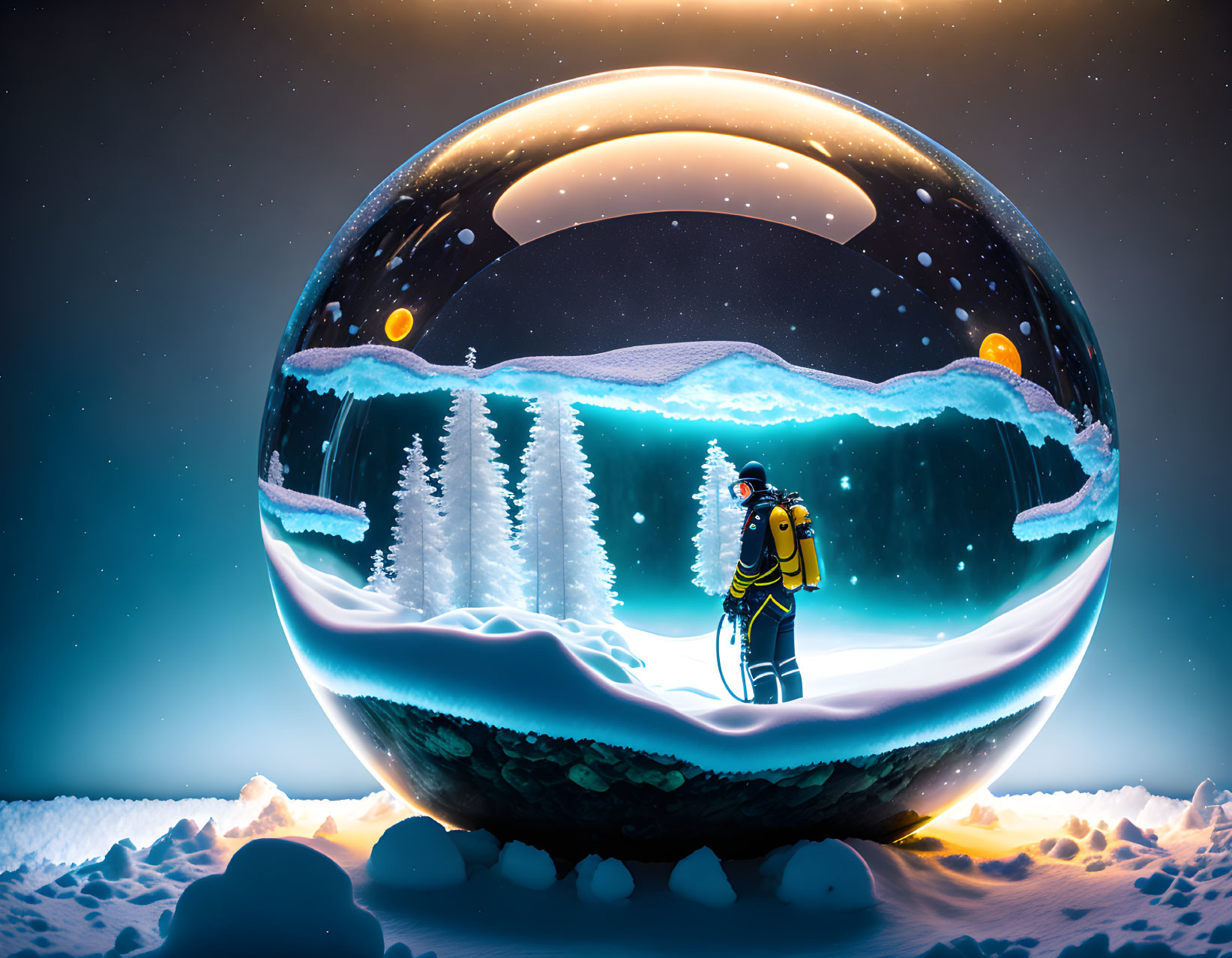 Person in Yellow Jacket Standing by Winter Scene Sphere