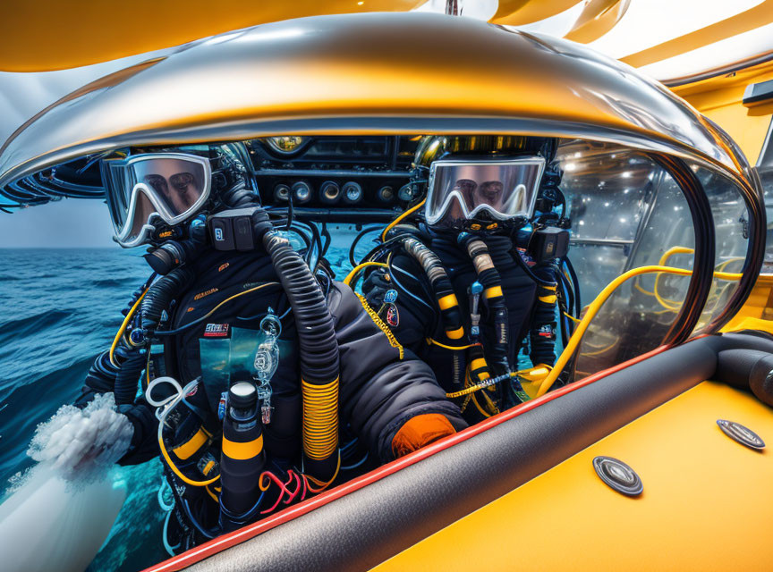 Scuba Divers in Yellow Submersible Cockpit with Underwater Equipment