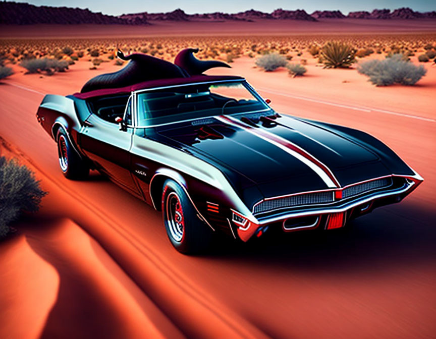 Vintage Black Muscle Car with White Racing Stripes in Desert Landscape