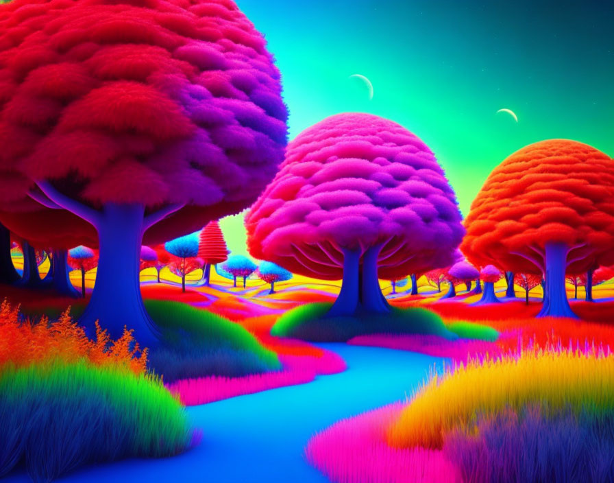 Colorful neon landscape with pink and blue trees, glowing grass, and surreal sky.