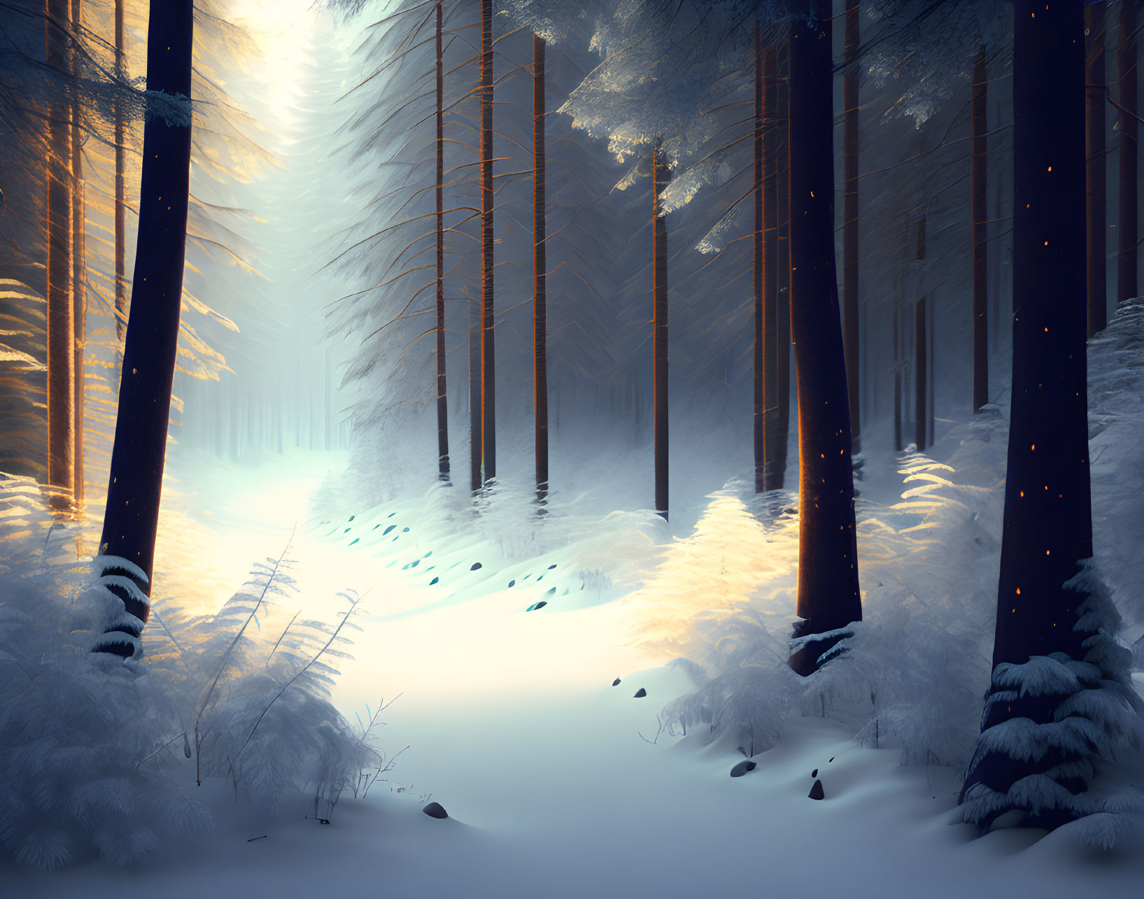 Winter Forest Scene: Sunbeams Through Misty Trees