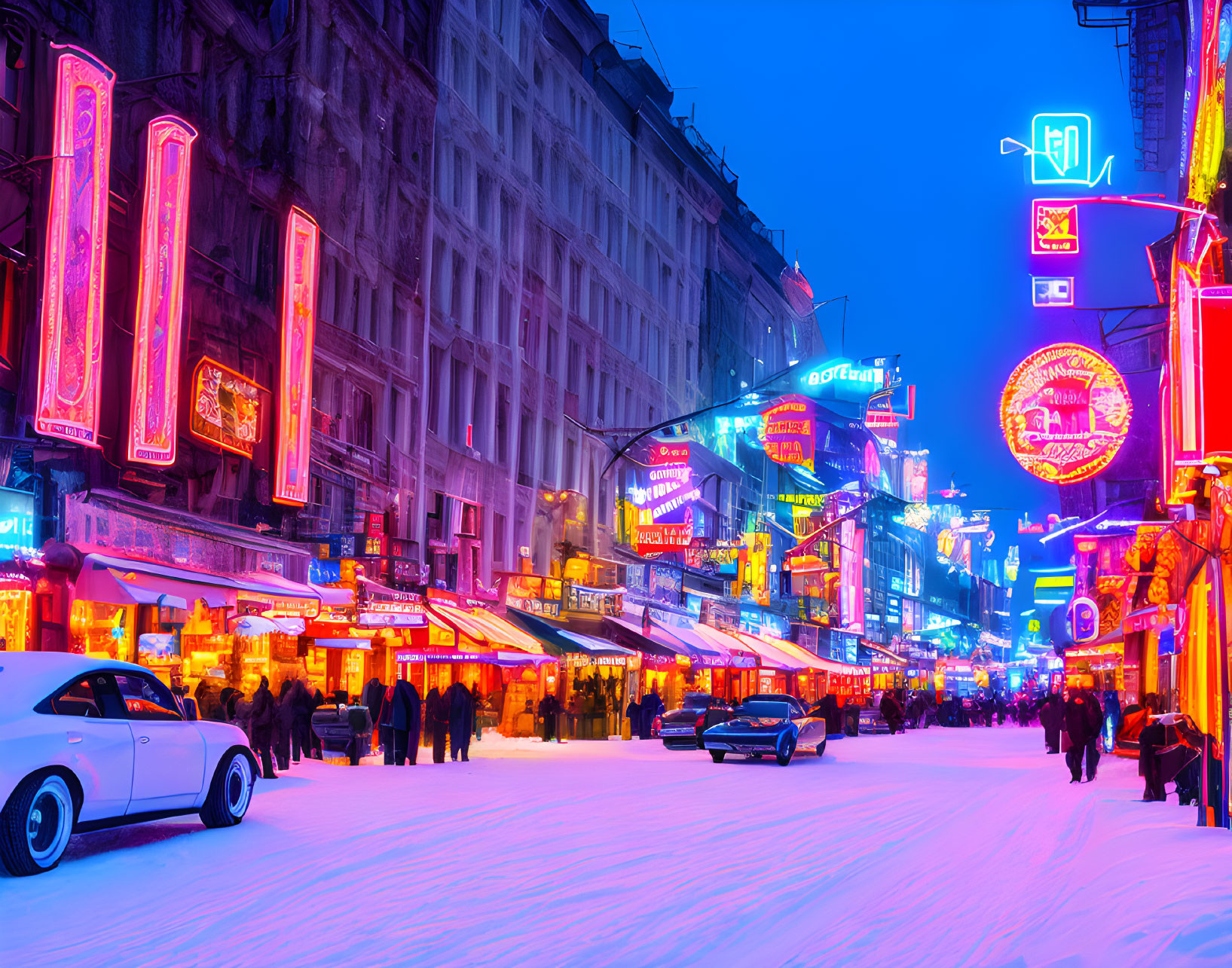 Snow-covered city street at twilight with neon signs and pedestrians.