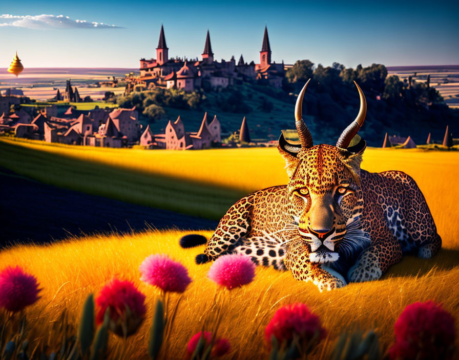 Leopard resting among flowers with castle town and rolling hills in scenic background