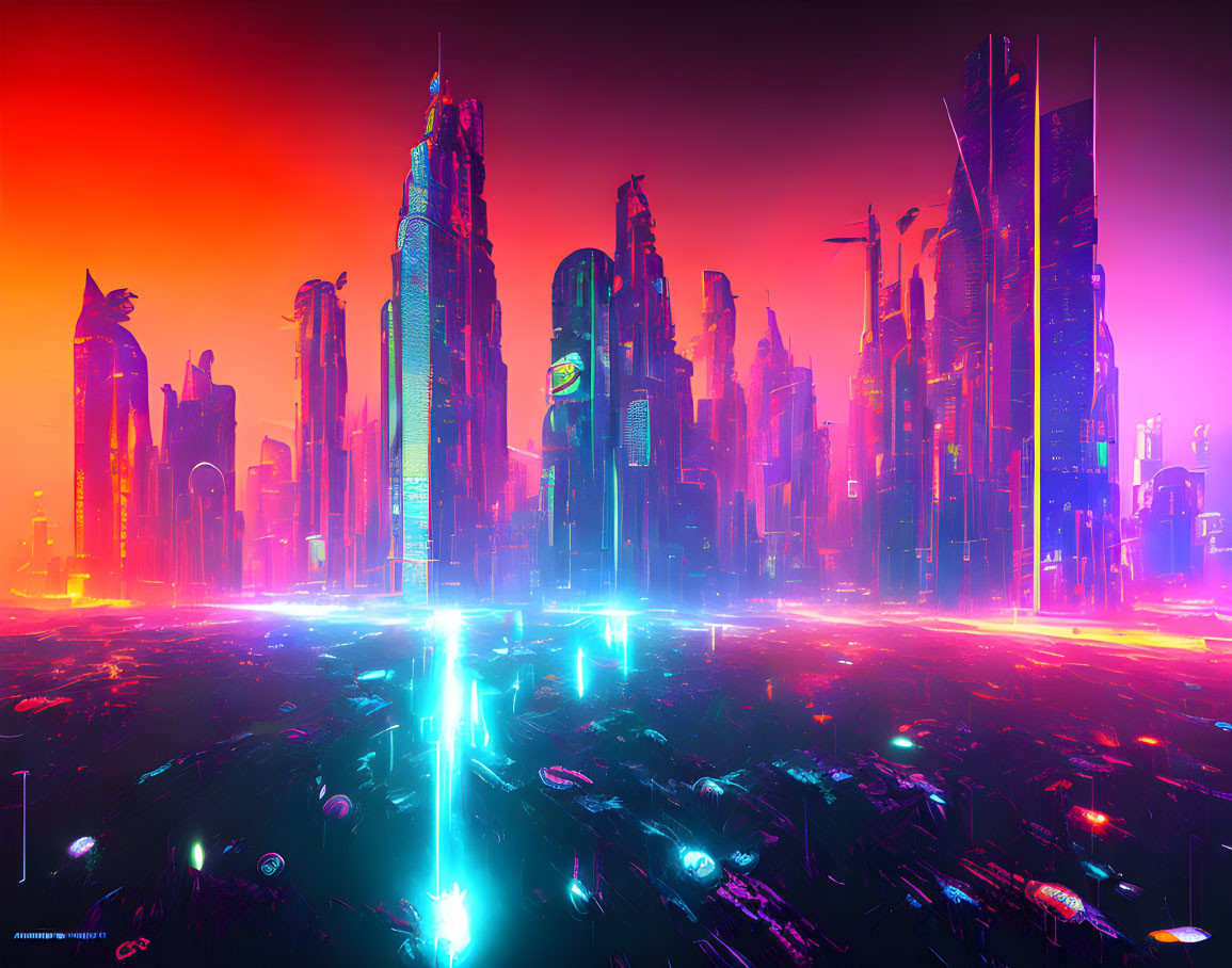 Futuristic neon-lit cityscape with skyscrapers and flying vehicles