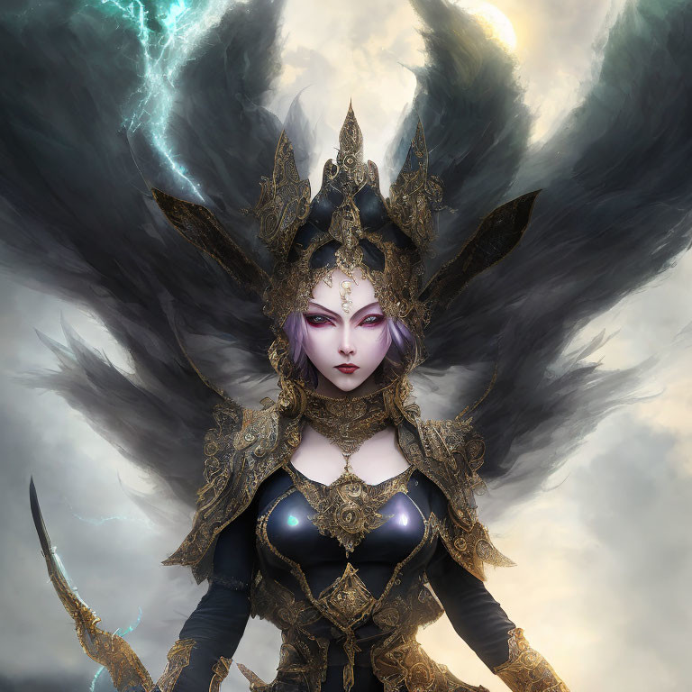 Female fantasy figure in gold armor with headdress under stormy sky