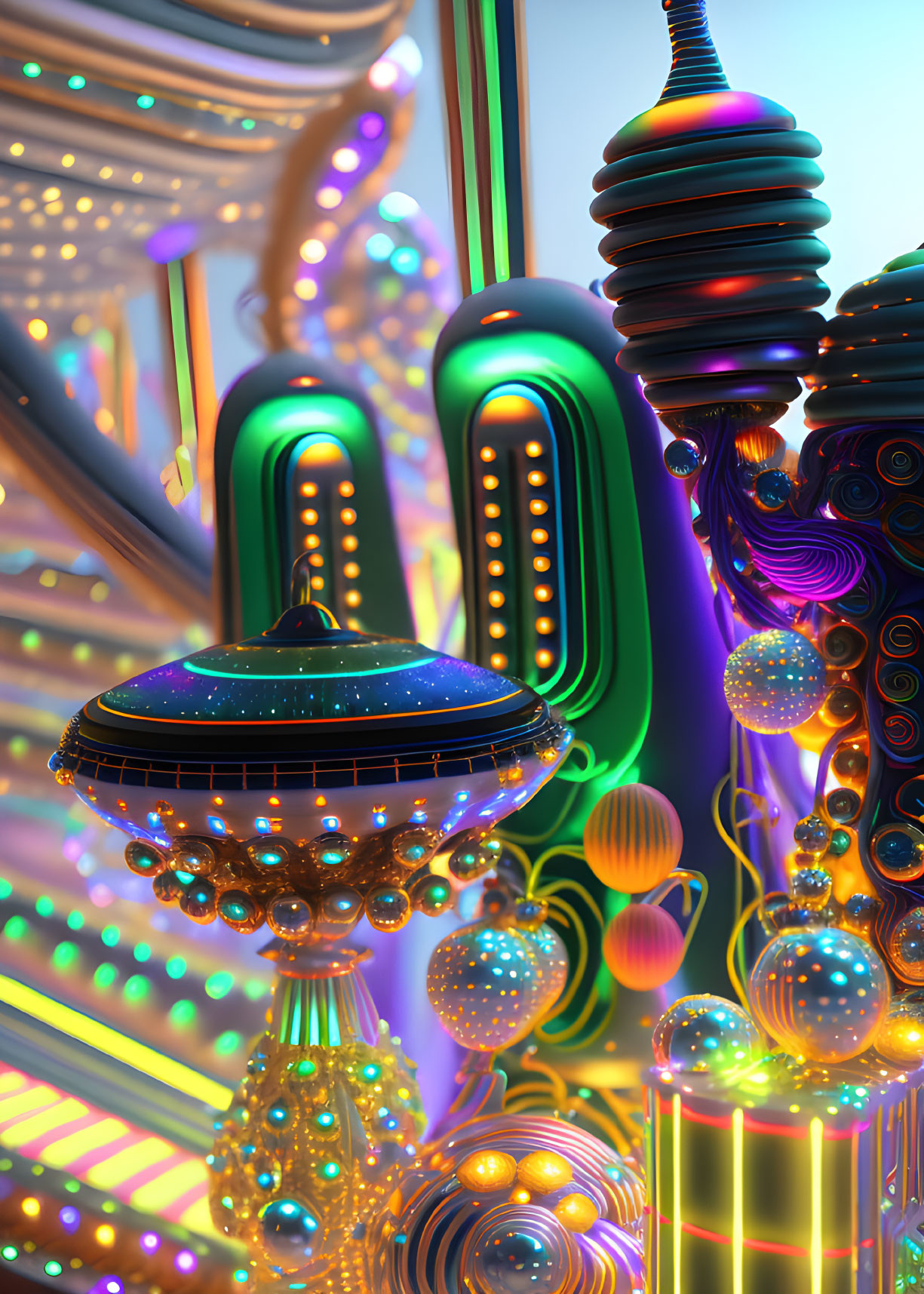 Colorful futuristic abstract art with glowing neon shapes and intricate patterns