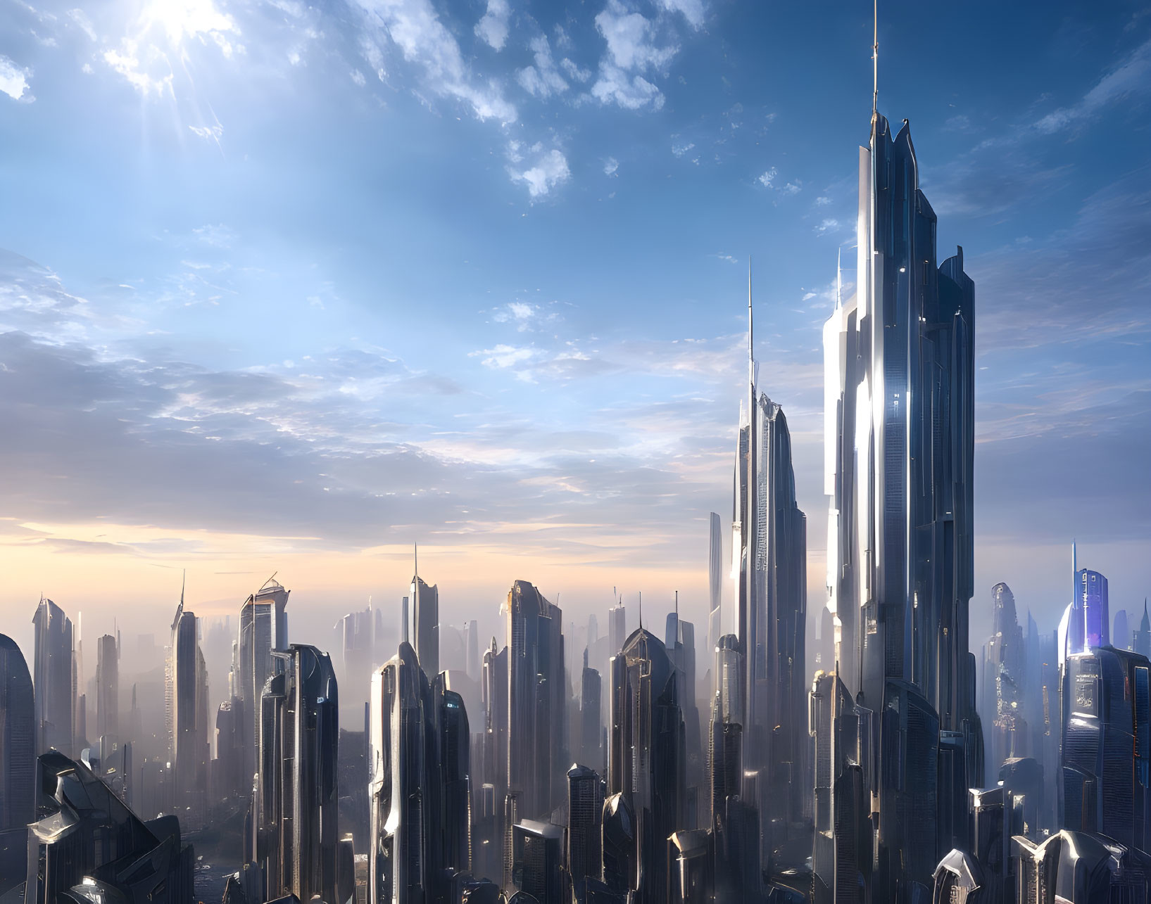 Futuristic cityscape with towering skyscrapers in soft sunlight