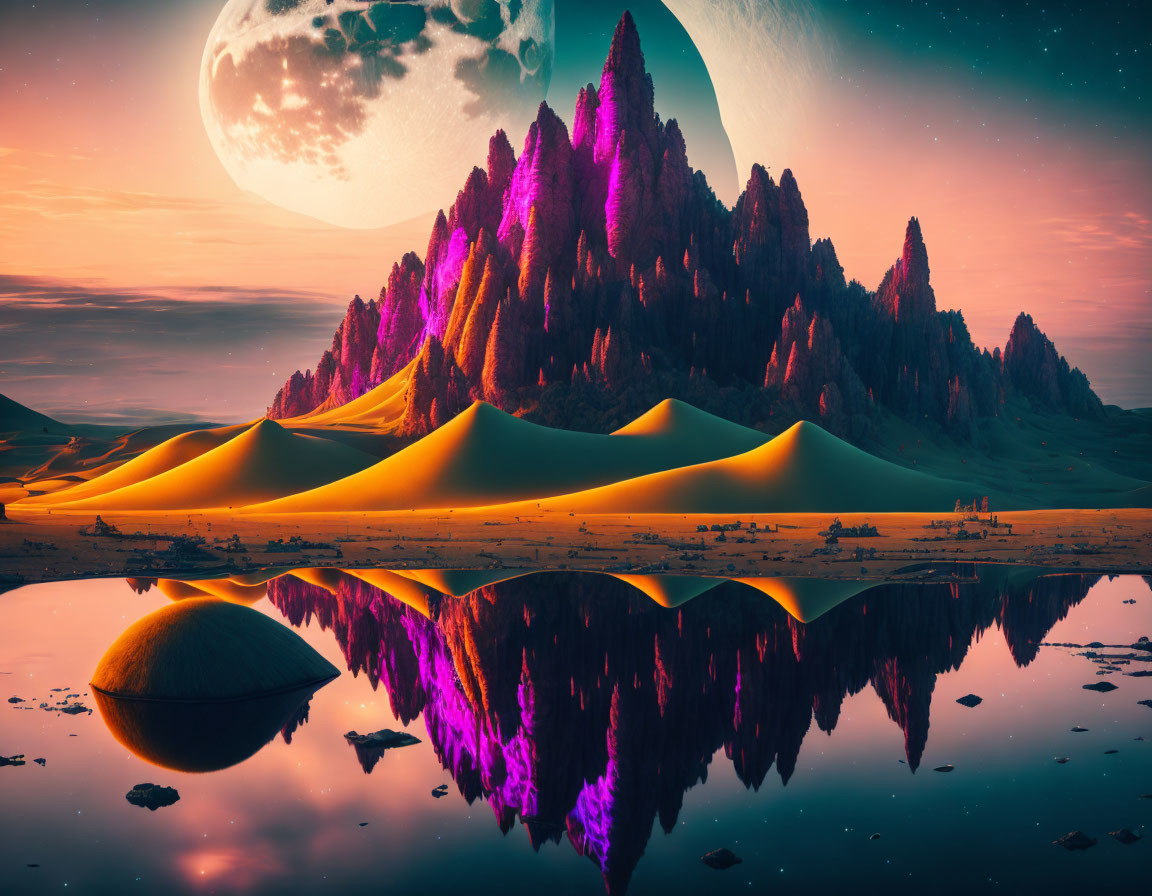 Surreal landscape with golden sand dunes, purple mountains, and large moon