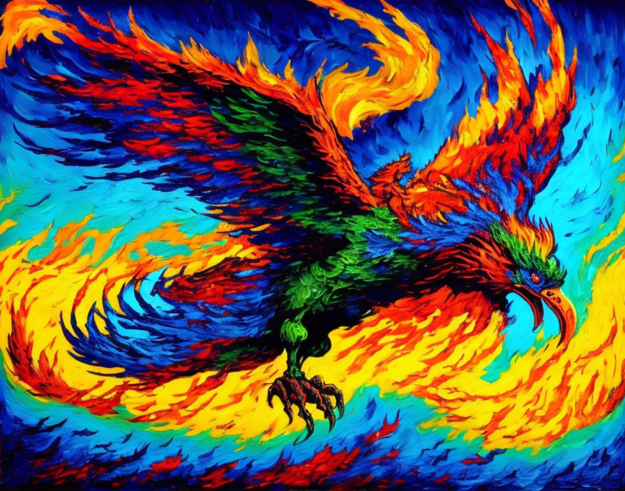 Colorful Phoenix Painting: Fiery Feathers on Blue Background