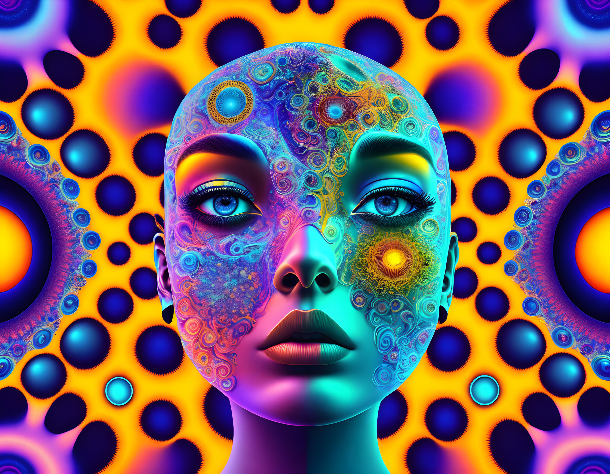 Colorful digital art: intricate face patterns on swirling orbs background