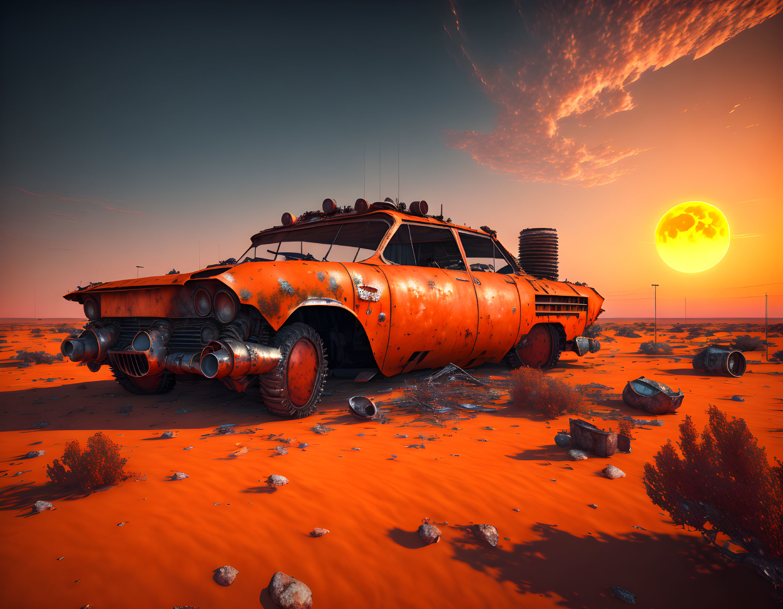 Rusted orange car in desert with sunset sky and stylized moon