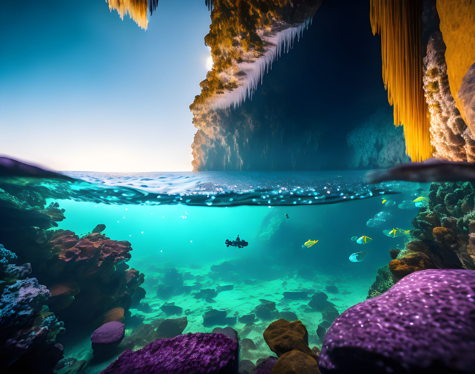 Diver explores coral reef with fish in sunlit cave: vibrant marine scene