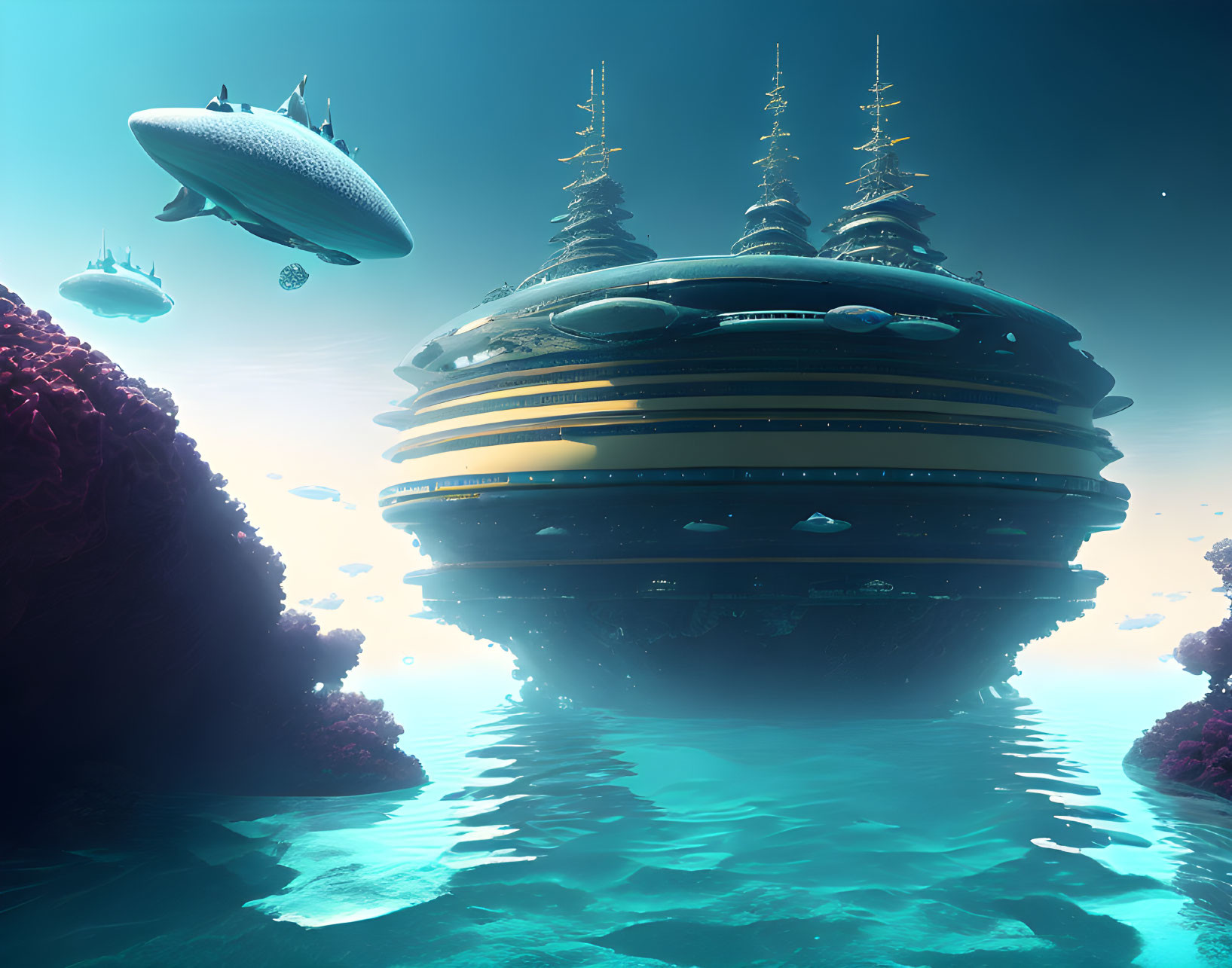 Futuristic underwater city with dome-like structures and submarines among coral formations