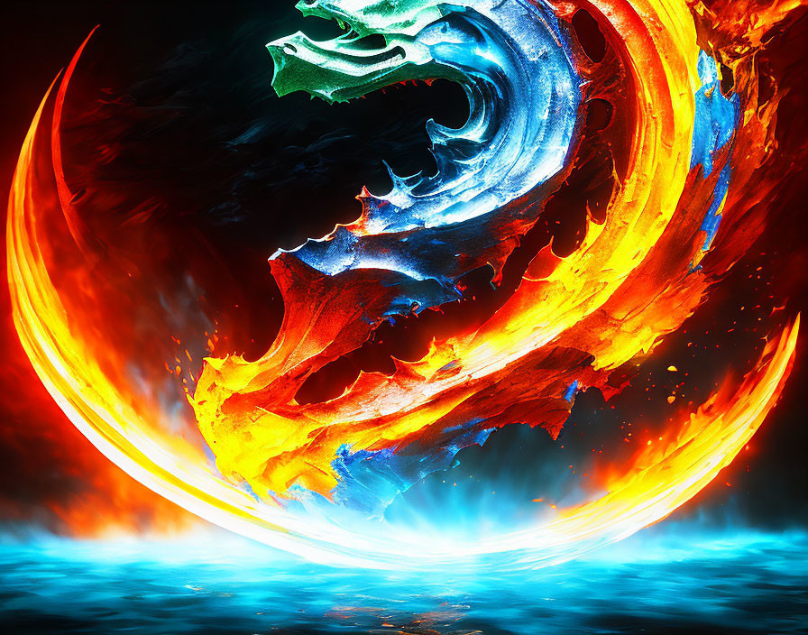 Colorful Yin-Yang Symbol with Fiery Orange and Cool Blue Wave