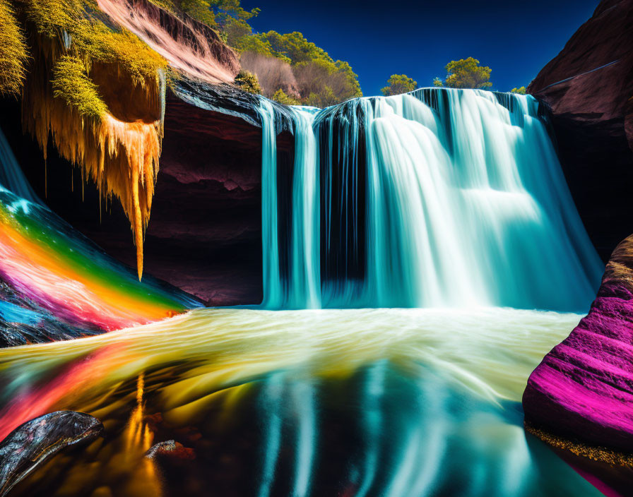 Scenic waterfall cascading over cliff with rainbow mist, lush foliage, and colorful rocks