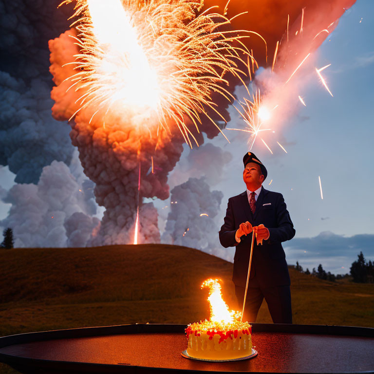 Man in suit lighting cake with sparklers amid dramatic fireworks and billowing smoke.