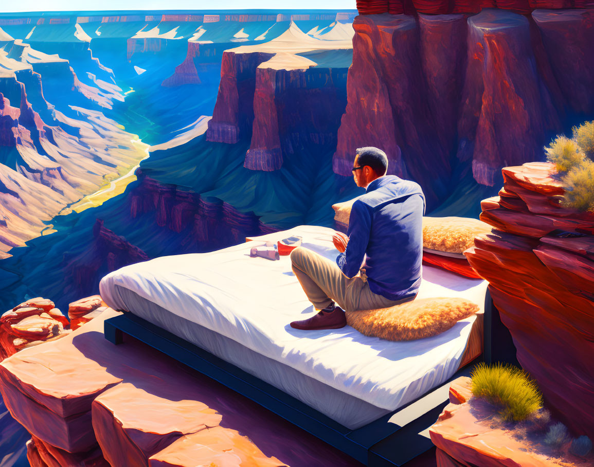 Person sitting on bed overlooking vast canyon on cliff edge