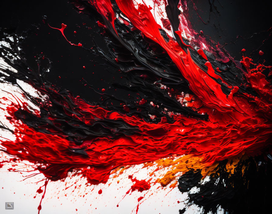 Abstract Red and Black Paint Swirls on White Background