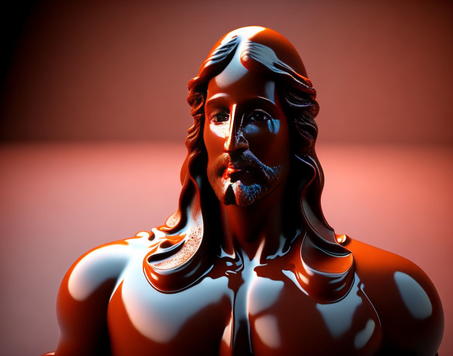 Metallic Man Sculpture with Long Hair and Beard on Red Background