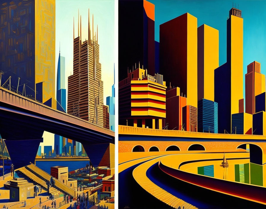 Colorful Diptych of Exaggerated Cityscapes and Architectural Forms