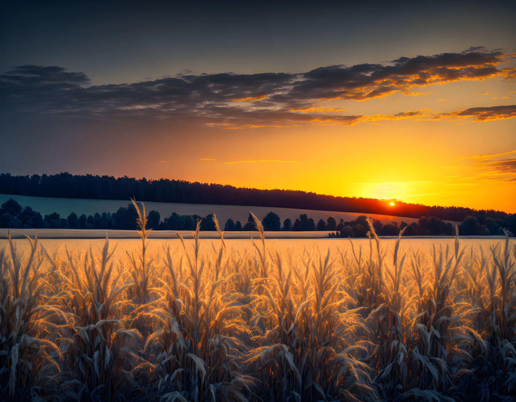 Sunrise over golden wheat field with ripening ears and silhouetted trees