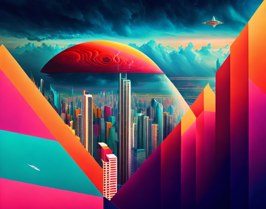 Surreal cityscape with geometric shapes, celestial body, skyscrapers, and flying craft