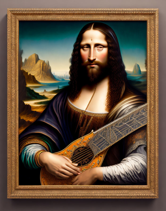 Male figure with lute in ornate frame against landscape background