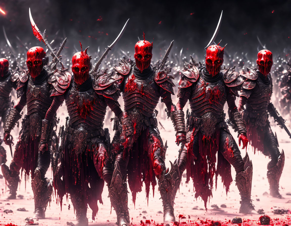 Sinister red-armored demonic figures in gloomy landscape